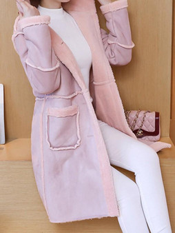Pink Pockets Single Breasted Hooded Long Sleeve Casual Coat