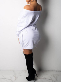 White Irregular Lace-up Off Shoulder Long Sleeve Casual Sweatshirt Mini Dress