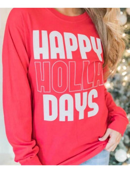 Red Happy Holla Day Long Sleeve Christmas Oversized Casual T-Shirt