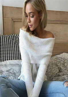 New White Bandeau Backless Off Shoulder Long Sleeve Club Knit T-Shirt