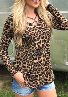 New Multicolor Leopard Irregular V-neck Long Sleeve T-Shirt