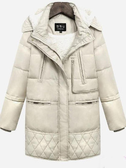 New Beige Patchwork Fur Pockets Single Breasted Zipper Hooded Long Sleeve Casual Coat