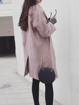 New Pink Pockets Buttons Turndown Collar Long Sleeve Wool Coat