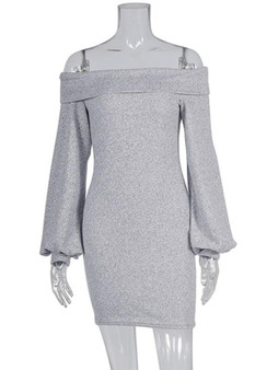 New Grey Off Shoulder Long Sleeve Cocktail Party Mini Dress