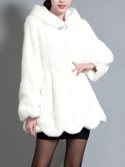 New White Fur Pockets Buttons Rhinestone Hooded Long Sleeve Elegant Coat