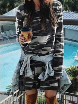 New Grey Camouflage Draped Long Sleeve Oversized Casual T-shirt Mini Dress