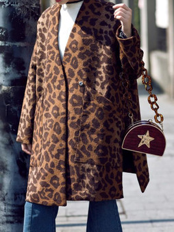 New Brown Leopard Print Pockets Slit V-neck Long Sleeve Fashion Coat