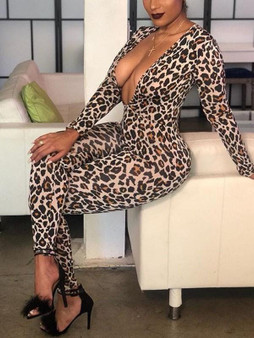 New Leopard Print Bodycon Deep V-neck Long Sleeve Clubwear Party Long Jumpsuit