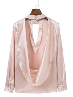 New Pink Cut Out Irregular backless Band Collar Long Sleeve Fashion Blouse