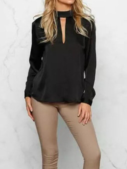 New Black Cut Out Irregular backless Band Collar Long Sleeve Fashion Blouse