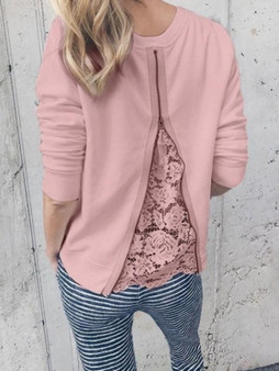 New Pink Patchwork Lace Zipper Round Neck Long Sleeve Casual Blouse