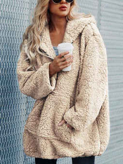 New Light Khaki Fur Pockets Zipper Hooded Long Sleeve Casual Coat