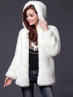 New White Fur Hooded Long Sleeve Elegant Coat