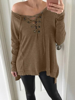 New Khaki Drawstring Round Neck Long Sleeve Fashion T-Shirt