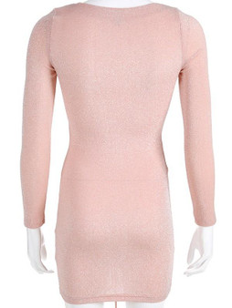 New Pink Pleated Drawstring V-neck Long Sleeve Fashion Mini Dress