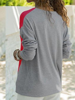 New Red Patchwork V-neck Long Sleeve Streetwear T-Shirt