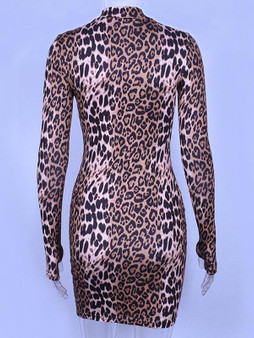 New Khaki Leopard Print Round Neck Long Sleeve Fashion Mini Dress