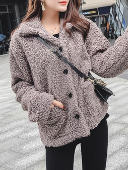 New Grey Fur Pockets Single Breasted Turndown Collar Long Sleeve Casual Coat