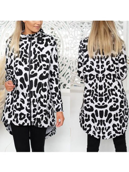 New White Leopard Print Zipper Hooded Long Sleeve Casual Coat