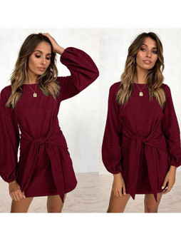 New Red Belt Round Neck Long Sleeve Casual Mini Dress