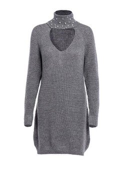 New Grey Pearl Cut Out Long Sleeve Fashion Mini Dress