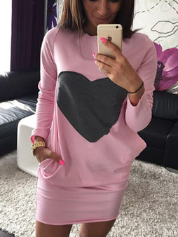 New Pink Love Print Pockets Long Sleeve Fashion Mini Dress