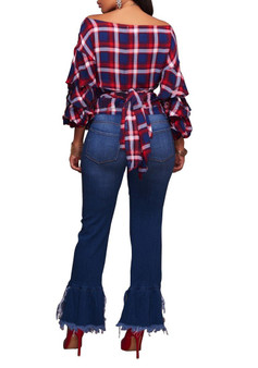 New Red-Blue Plaid Print Off Shoulder Backless Lace-Up Long Sleeve T-Shirt