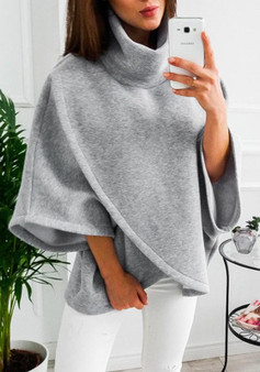 New Grey Irregular High Neck Long Sleeve Casual Pullover Sweatshirt