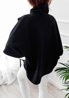New Black Irregular High Neck Long Sleeve Casual Pullover Sweatshirt