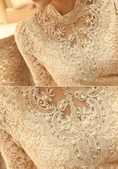 New Beige Patchwork Lace Beading Grenadine Band Collar Long Sleeve Elegant Blouse