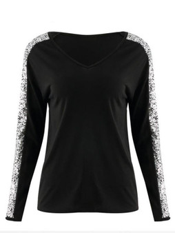 New Black Patchwork Sequin V-neck Long Sleeve Fashion T-Shirt