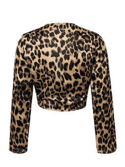 New Yellow Leopard Print Lace-up V-neck Long Sleeve Fashion Blouse