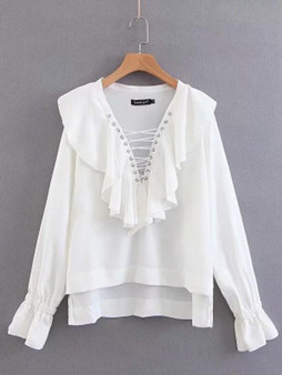 New White Ruffle Lace-up V-neck Long Sleeve Going out Blouse