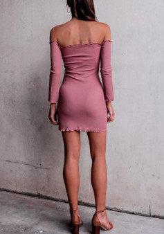 New Pink Off Shoulder Backless Long Sleeve Mini Dress