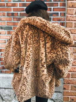 New Brown Leopard Print Turndown Collar Long Sleeve Fashion Faux Fur Coat