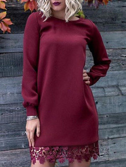 New Burgundy Lace Round Neck Long Sleeve Going out Mini Dress