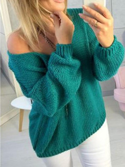 New Green Long Sleeve V-neck Casual Sweet Going out Pullover Sweater