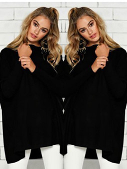 New Black Plain Irregular Round Neck Long Sleeve Casual T-Shirt