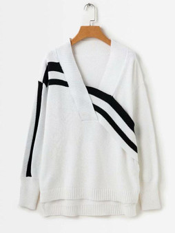 New Black Striped Print Irregular V-neck Long Sleeve Fashion Pullover Sweater