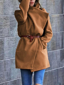 New Khaki Pockets Irregular Turndown Collar Long Sleeve Wool Coat