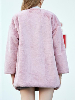 New Pink Faux Fur Pockets Turndown Collar Long Sleeve Oversize Coat