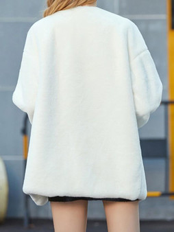 New White Faux Fur Pockets Turndown Collar Long Sleeve Oversize Coat