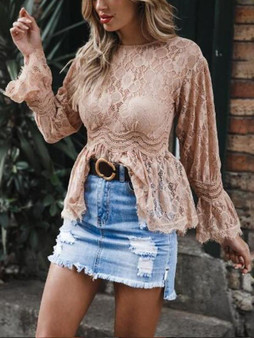 New Pink Patchwork Lace Ruffle Long Sleeve Round Neck Fashion Blouse