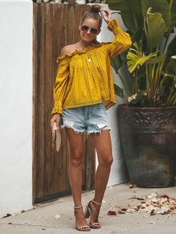 New Yellow Ruffle Cut Out Off Shoulder Backless Long Sleeve Fashion Blouse