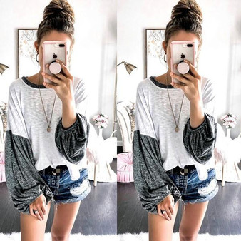 New Grey Patchwork Round Neck Long Sleeve Fashion T-Shirt