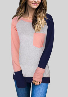 New Pink Patchwork Pockets Casual Long Sleeve T-Shirt