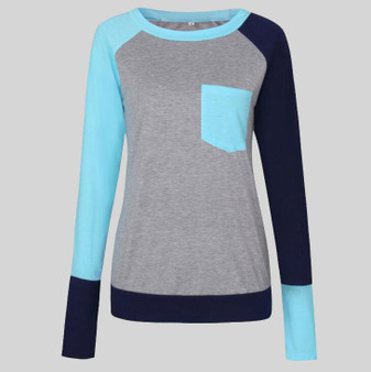 New Light Blue Patchwork Pockets Casual Long Sleeve T-Shirt