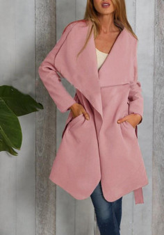 New Pink Irregular Pockets Sashes Turndown Collar Long Sleeve Trench Coats