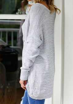 New Grey Irregular V-neck Long Sleeve Casual Pullover Sweater
