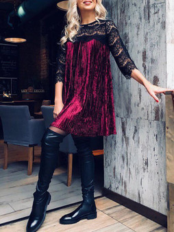 New Red Patchwork Lace Long Sleeve Casual Mini Dress